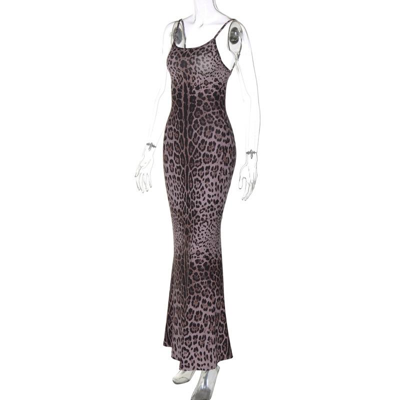 Leopard print u neck backless cami maxi dress