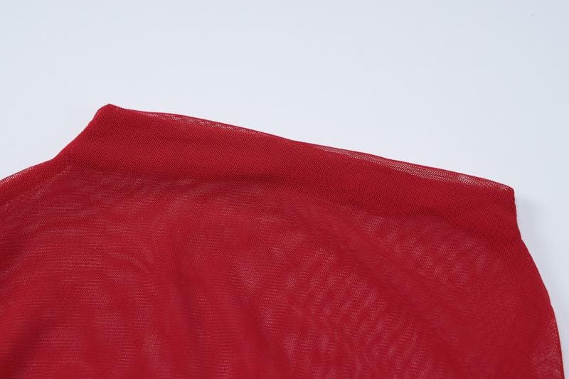 Long sleeve ruffle ruched cross front halter sheer mesh mini dress  | red tango dress  | samba dress  | black rave dress
