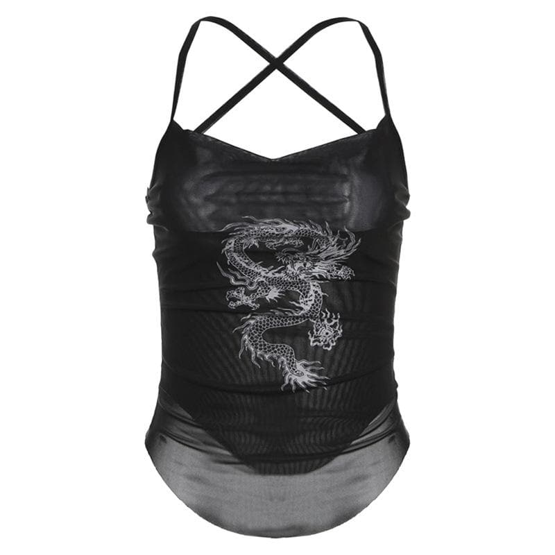 Cross back cowl neck print sheer mesh top