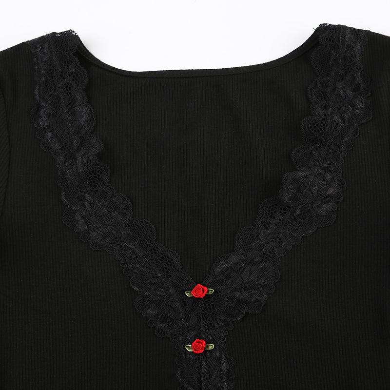 Short sleeve v neck ruffle lace hem ribbed top