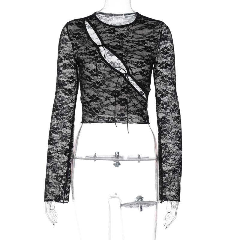 Long sleeve hollow out see through lace crop cut out top