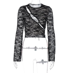 Long sleeve hollow out see through lace crop cut out top