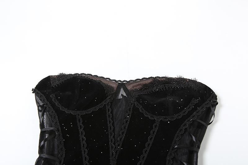 Sweetheart neck velvet lace up mesh beaded mini dress