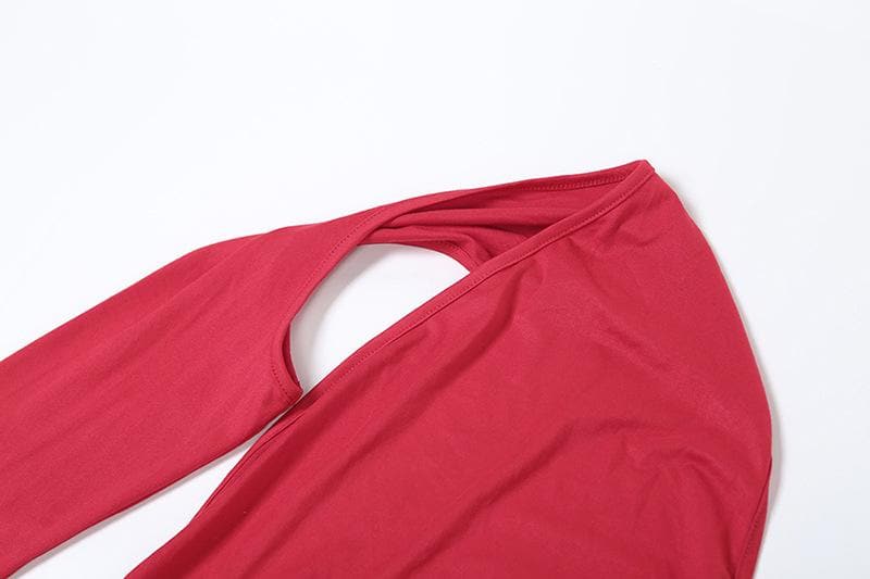Long sleeve halter irregular one shoulder maxi dress  | red tango dress
