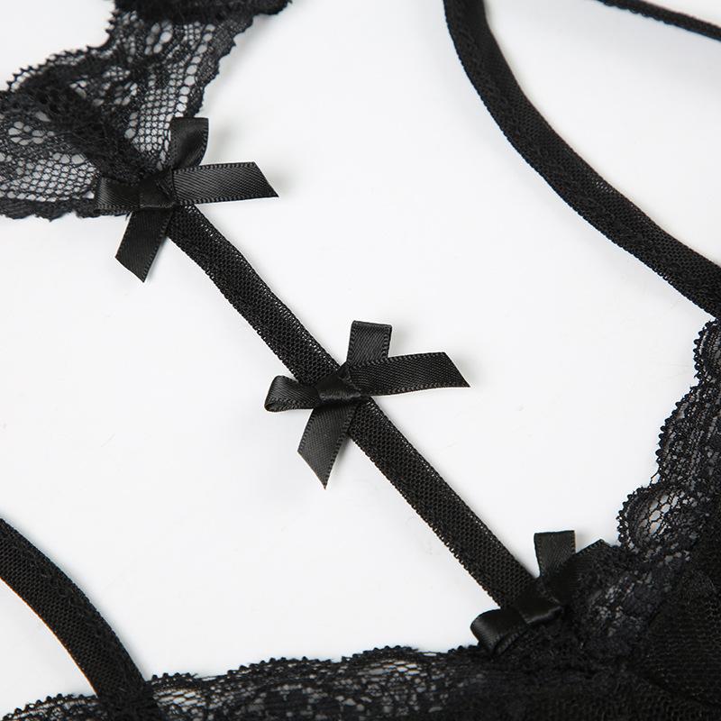 Halter lace bowknot mesh cami bodysuit