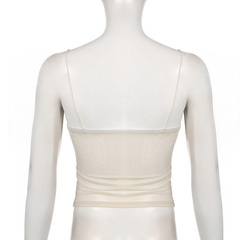 Ruched ruffle sheer mesh cami top