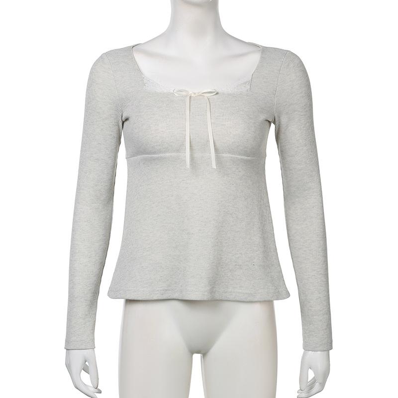 Long sleeve lace hem bowknot ribbed top