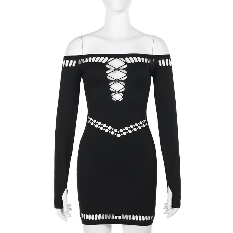 Off shoulder long sleeve hollow out beaded mini dress