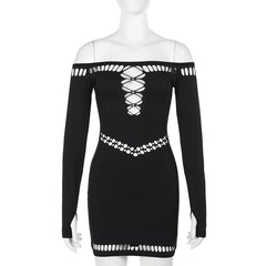 Off shoulder long sleeve hollow out beaded mini dress