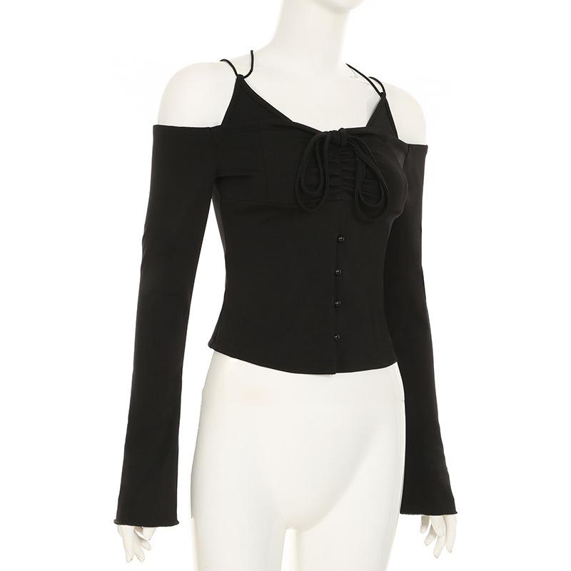 Off shoulder long sleeve self cross back button top