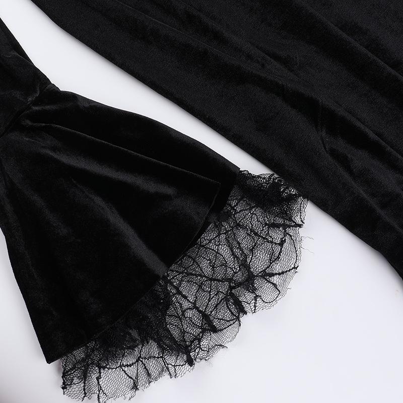 Long flared sleeve velvet patchwork spider web maxi dress
