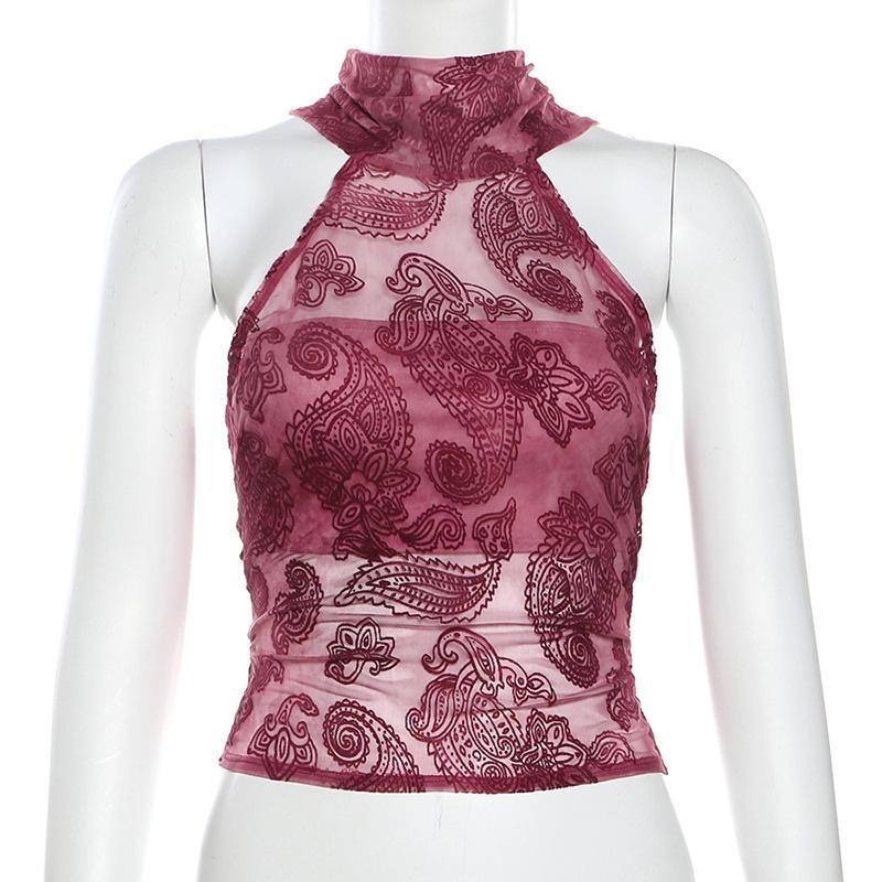 Sleeveless print high neck sheer mesh o ring top