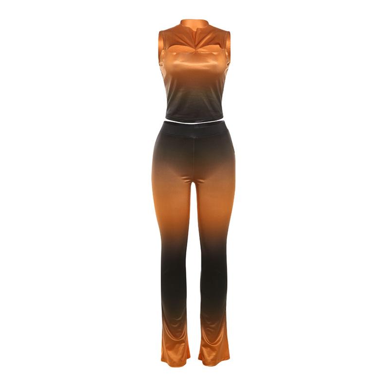 Sleeveless gradient crewneck ruched hollow out pant set