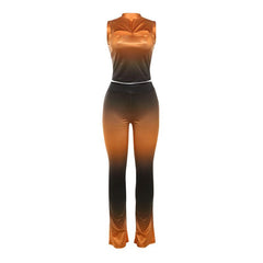 Sleeveless gradient crewneck ruched hollow out pant set