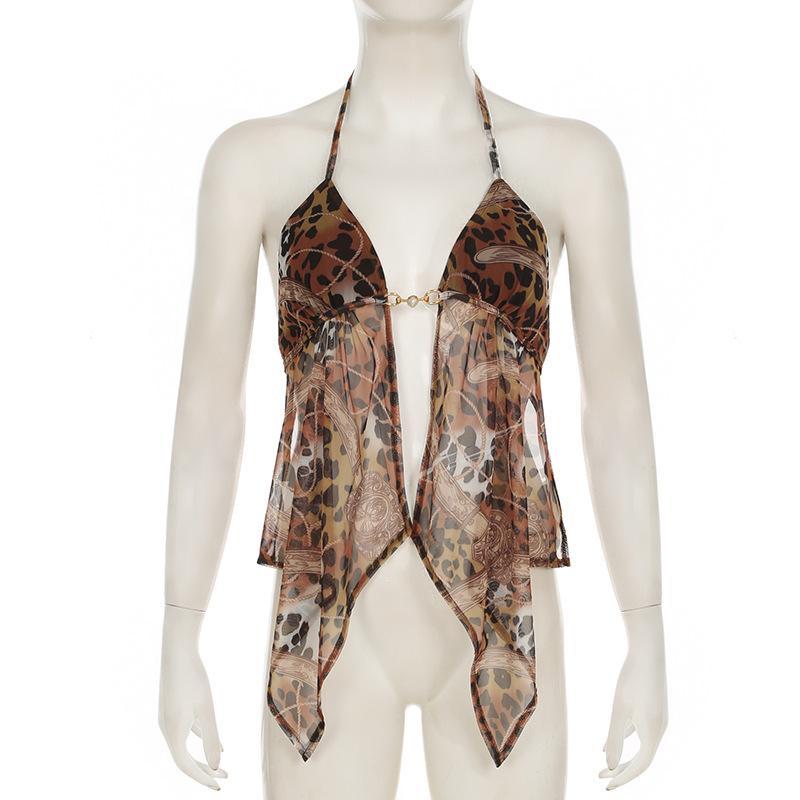 Halter leopard print mesh backless self tie top