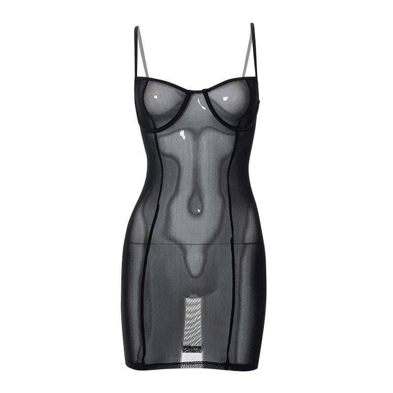 Sheer mesh see through solid low cut cami mini dress  | samba dress