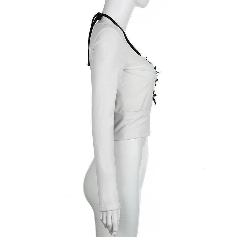 Long sleeve bowknot halter ruched 2 piece top