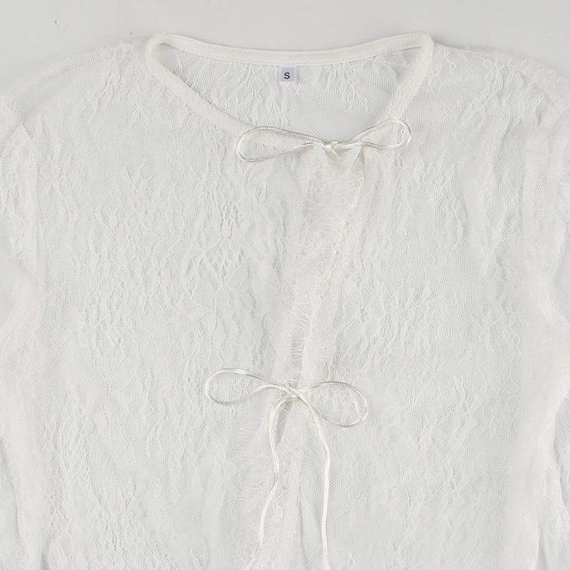 Long sleeve lace see through self tie top