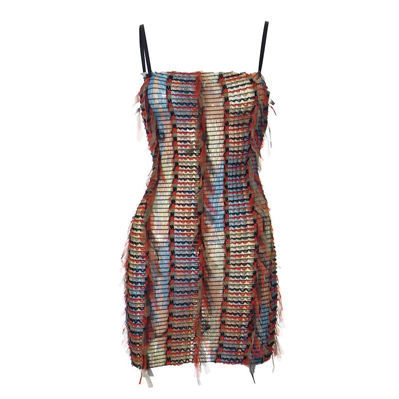 Mesh ruffle stitch contrast textured cami mini dress  | red tango dress