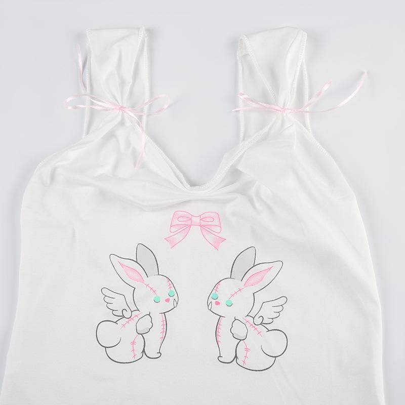 Bowknot rabbit print ruched v neck cami top
