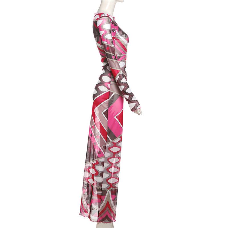 Long sleeve ruffle abstract mesh maxi dress