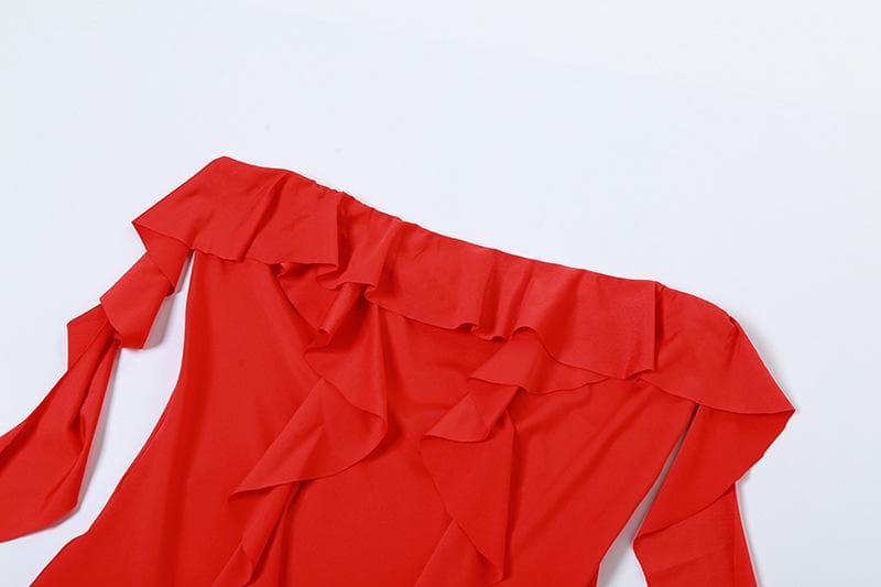 Ruffle high slit ruched irregular solid tube midi dress  | red tango dress
