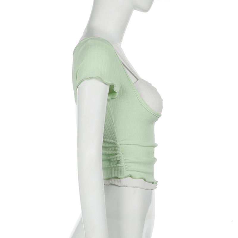 Short sleeve patchwork ruched ruffle top