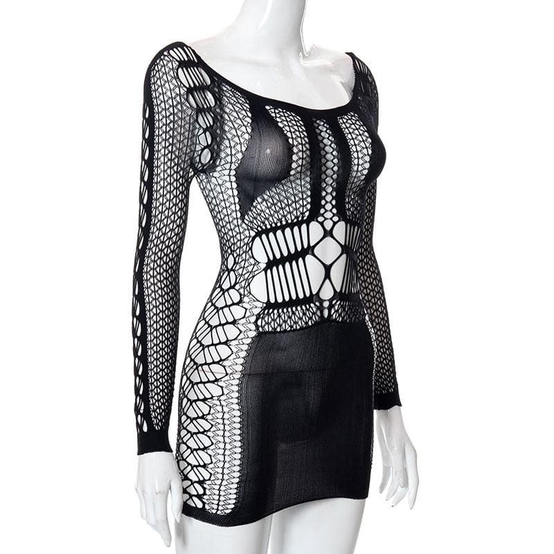 Fishnet long sleeve hollow out see through mini dress  | red tango dress