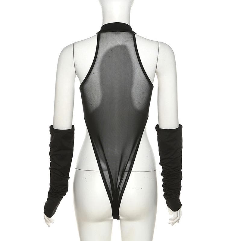 Sleeveless mesh see through gloves button gloves bodysuit