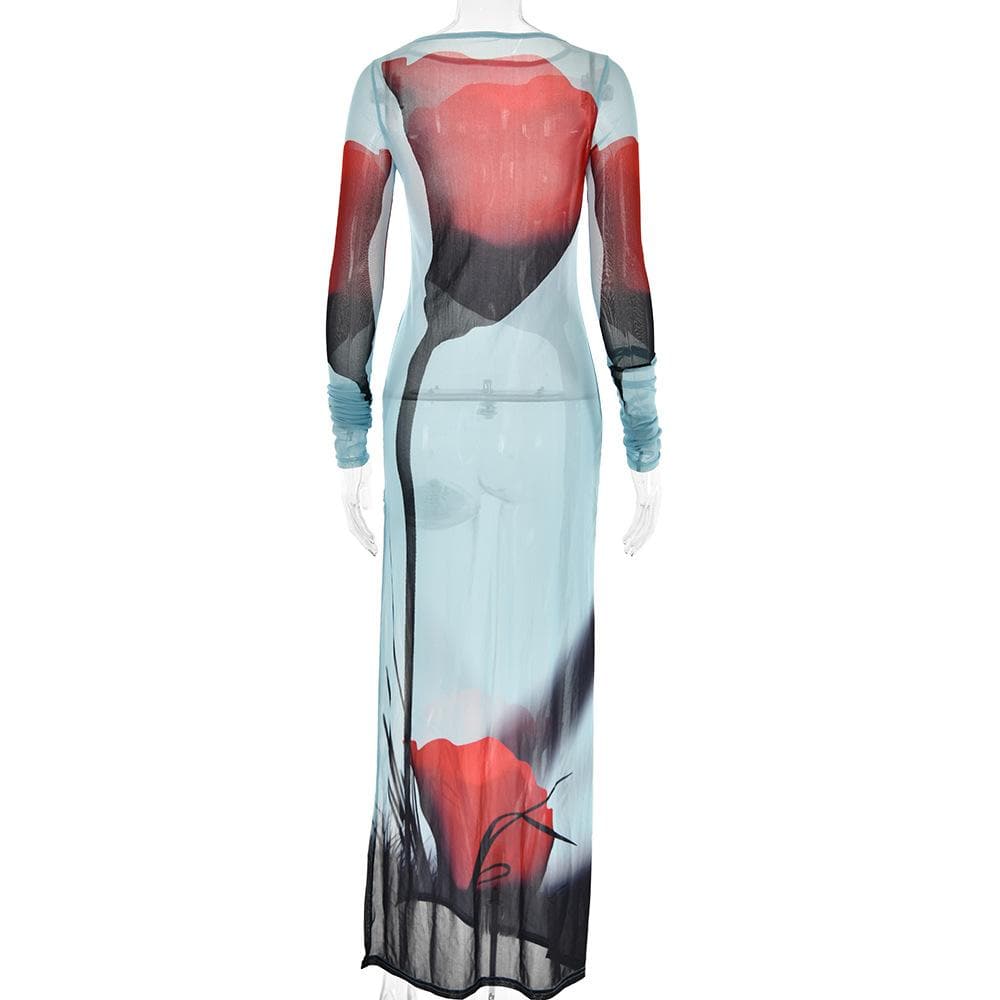 Sheer mesh see through abstract contrast long sleeve slit maxi dress  | samba dress