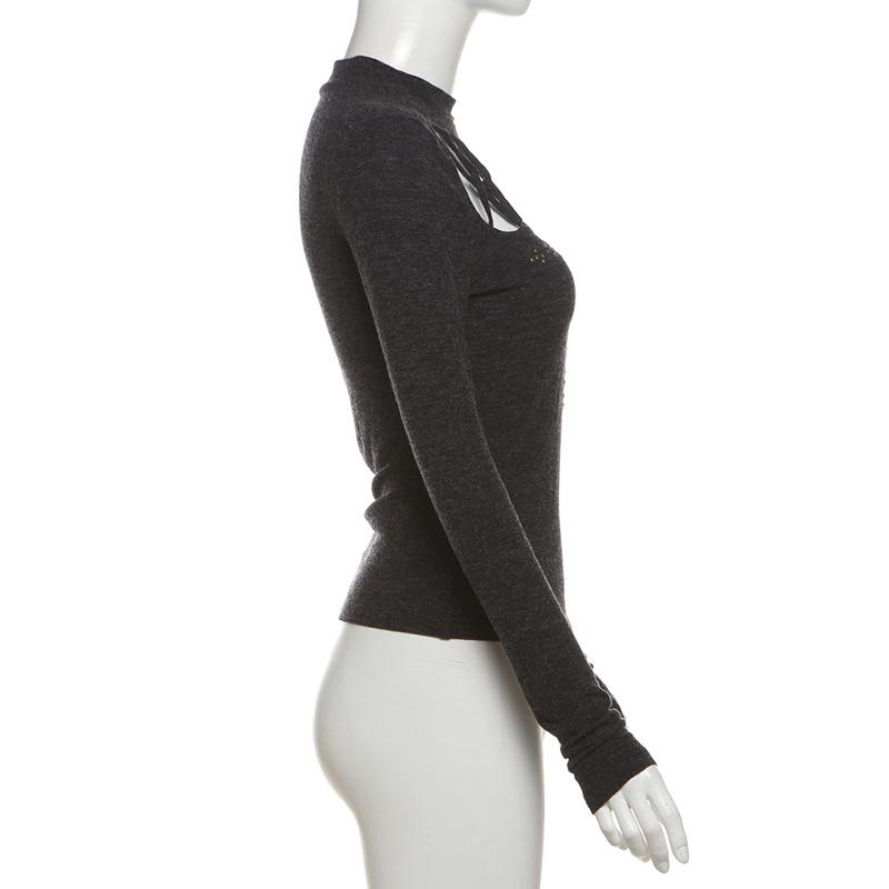 High neck long sleeve beaded cross pattern hollow out top