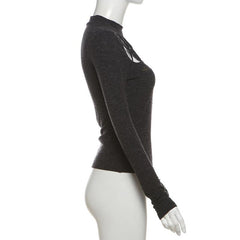 High neck long sleeve beaded cross pattern hollow out top