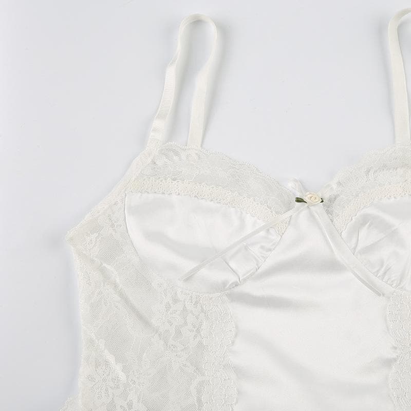 Satin patchwork lace bowknot ruffle ruched cami top