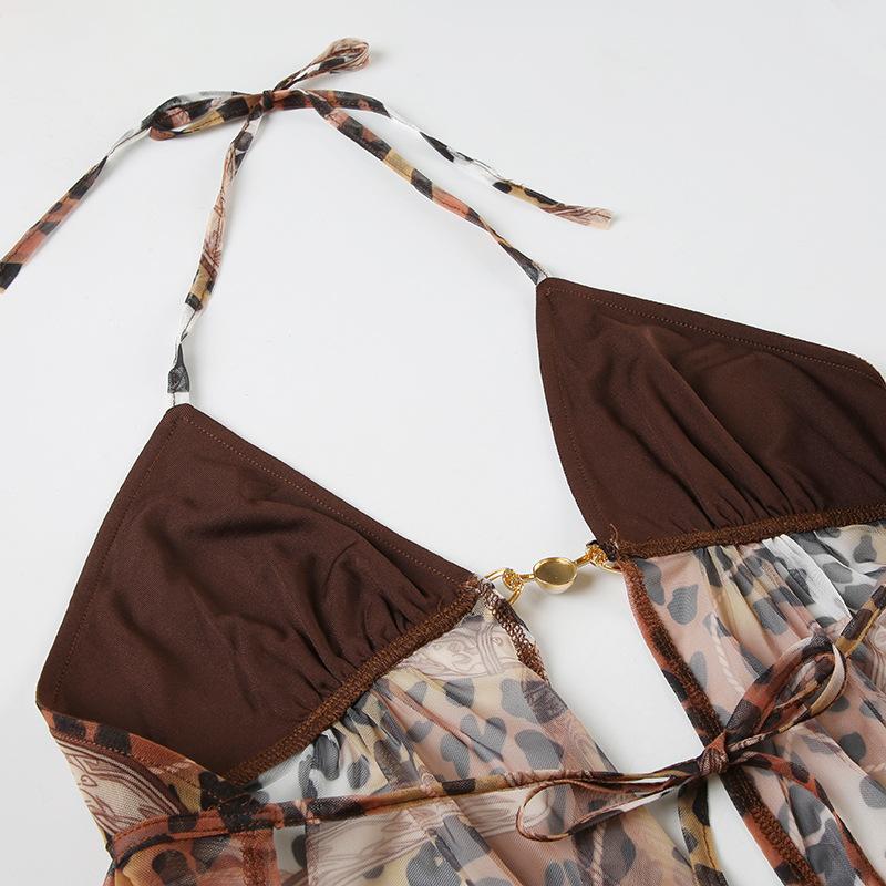 Halter leopard print mesh backless self tie top