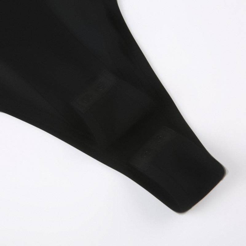 Mesh patchwork metal tag hollow out sleeveless solid bodysuit