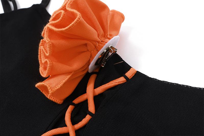 U neck flower applique lace up ruffle cami mini dress