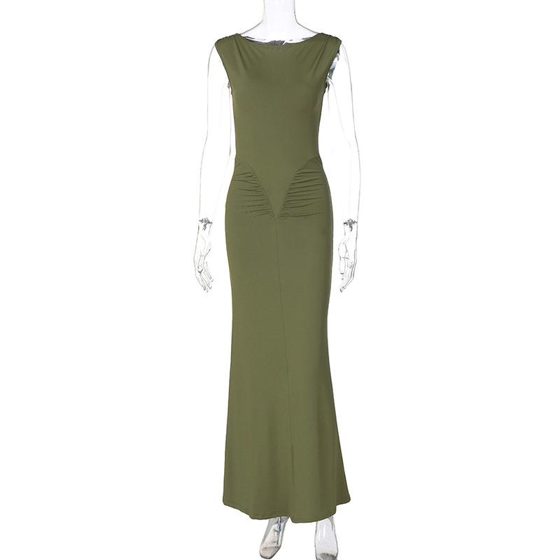 Sleeveless crewneck ruched solid maxi dress
