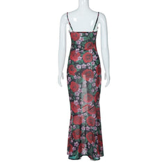Cowl neck flower print zip-up contrast backless cami maxi dress  | red tango dress