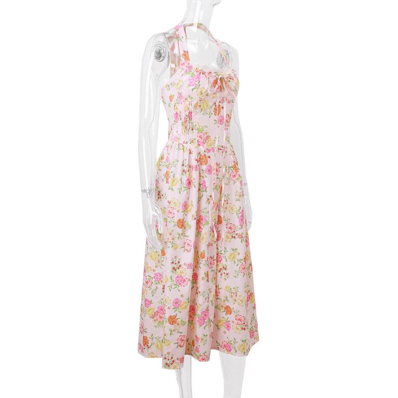 Halter print lace hem knotted maxi dress