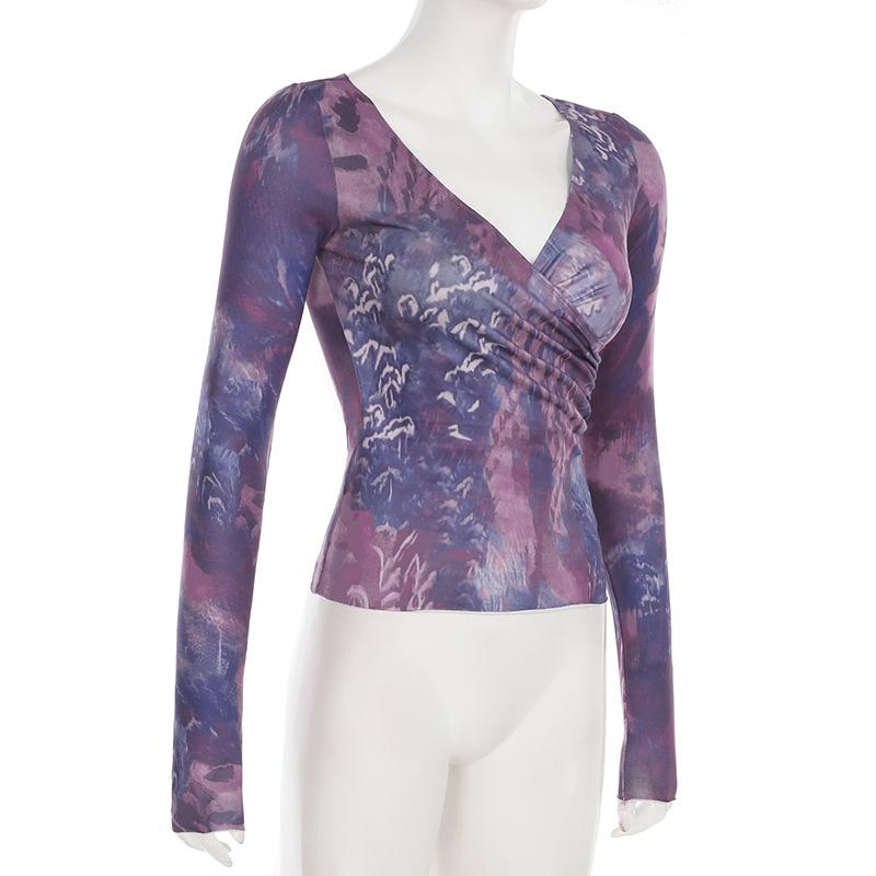 V neck long sleeve tie dye ruched top