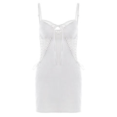 Bowknot sweetheart neck lace lace up textured cami mini dress
