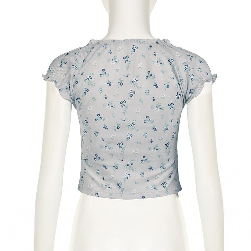 Short sleeve knotted ruffle ribbed print top