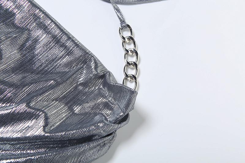 Cowl neck halter metal chain hollow out mini dress