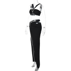 O ring high slit hollow out ruched backless cami maxi skirt set