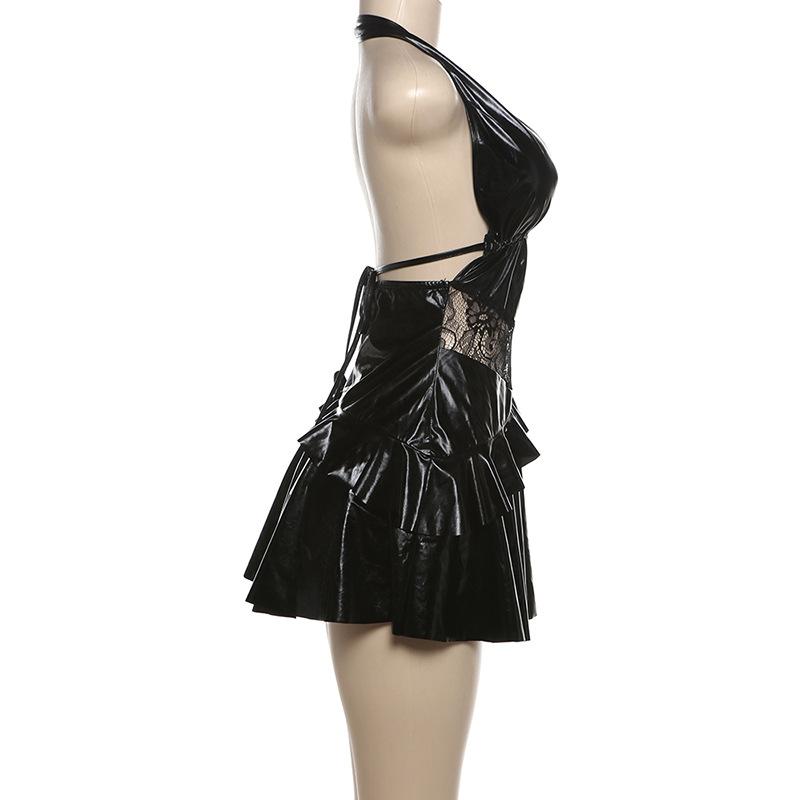 Halter PU leather lace patchwork ruched drawstring mini dress