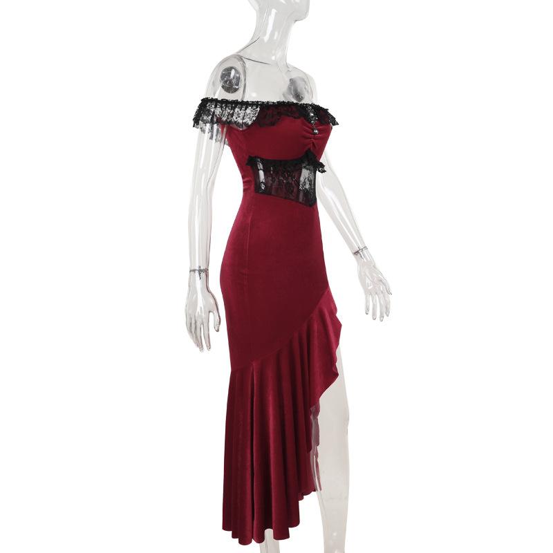 Off shoulder lace hem slit velvet metal applique ruched maxi dress  | red tango dress