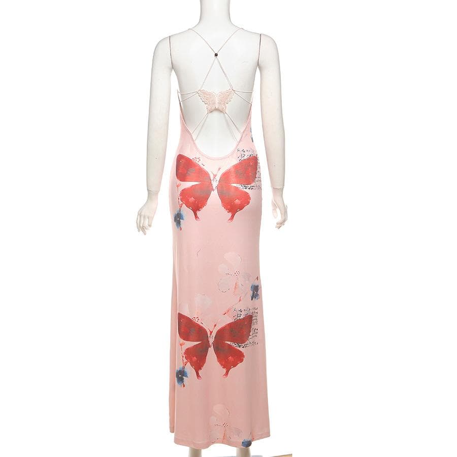 Butterfly embroidery print cami maxi dress