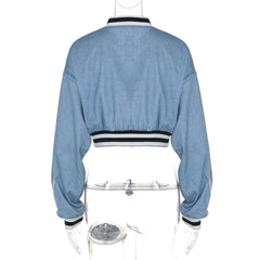 Long sleeve denim letter print patchwork button top