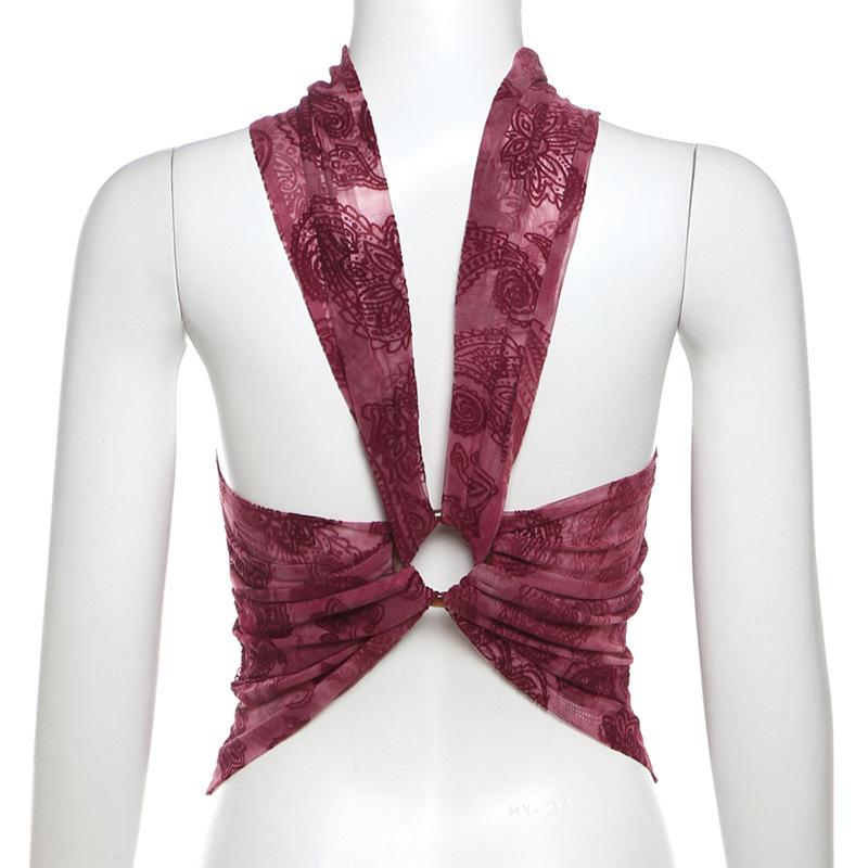 Sleeveless print high neck sheer mesh o ring top