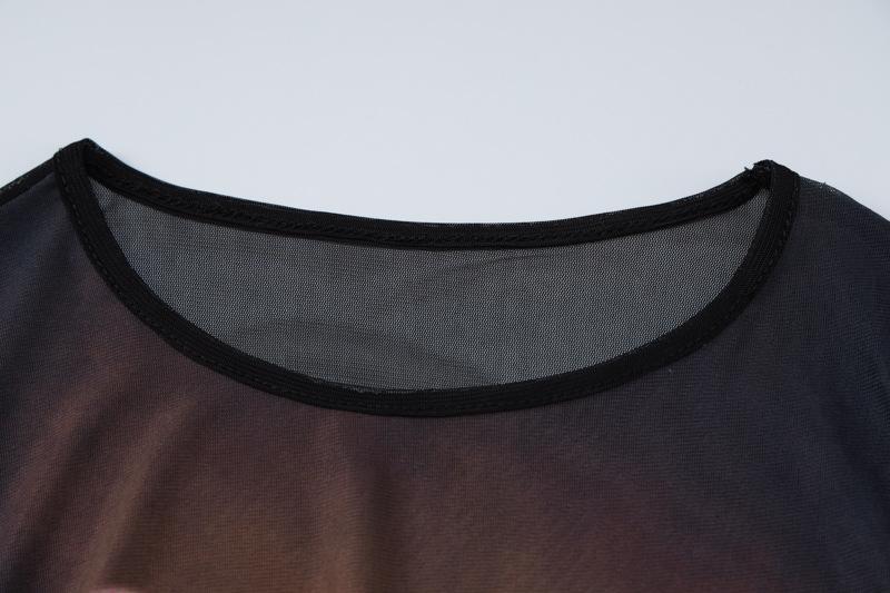 Long sleeve thermal palm print sheer mesh see through crop top